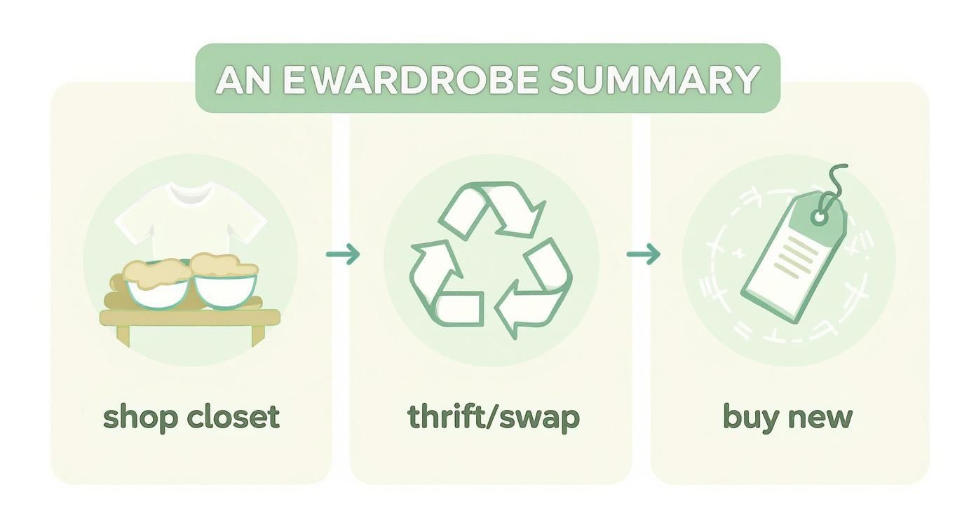Infographic with three steps for building an eco wardrobe: Shop your closet first, thrift or swap, and buy new consciously.