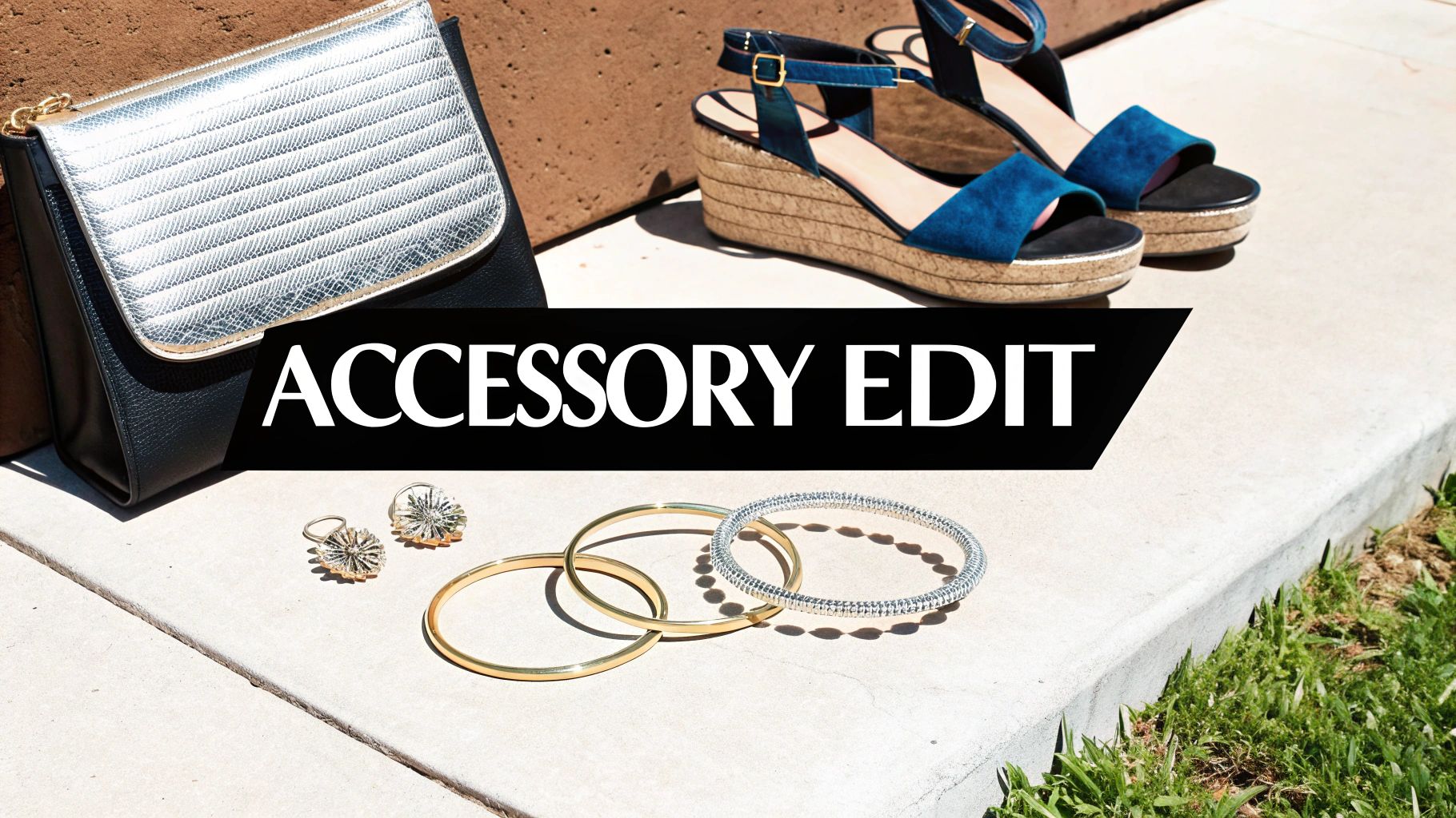 A collection of women's accessories including a black purse, blue wedge sandals, bangles, and earrings.