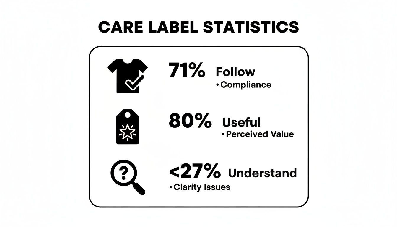 Infographic showing care label statistics: 71% follow, 80% find useful, and less than 27% understand.
