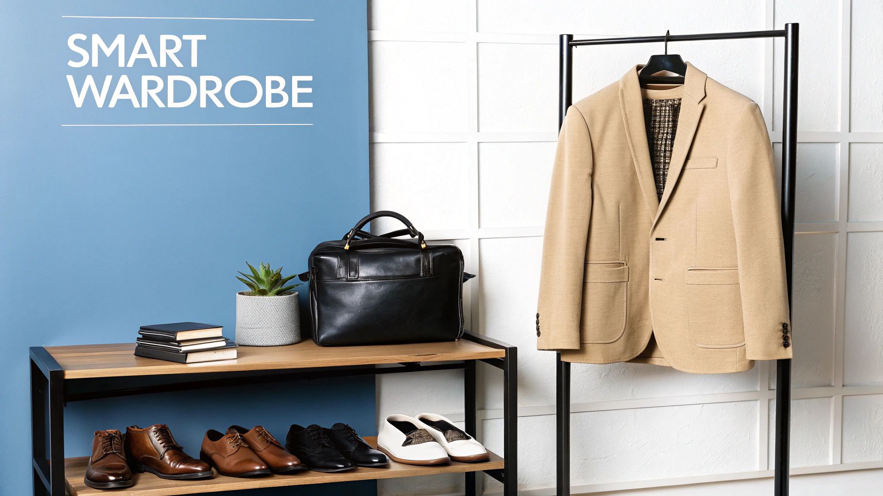 A modern smart wardrobe setup featuring a beige blazer, a black briefcase, shoes, and a plant.