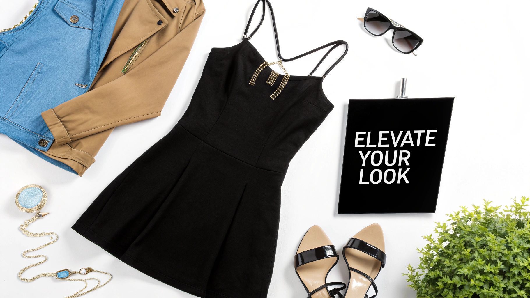 A stylish fashion flat lay featuring a black dress, two jackets, heels, and accessories on a white background, with a sign reading 'ELEVATE YOUR LOOK'.
