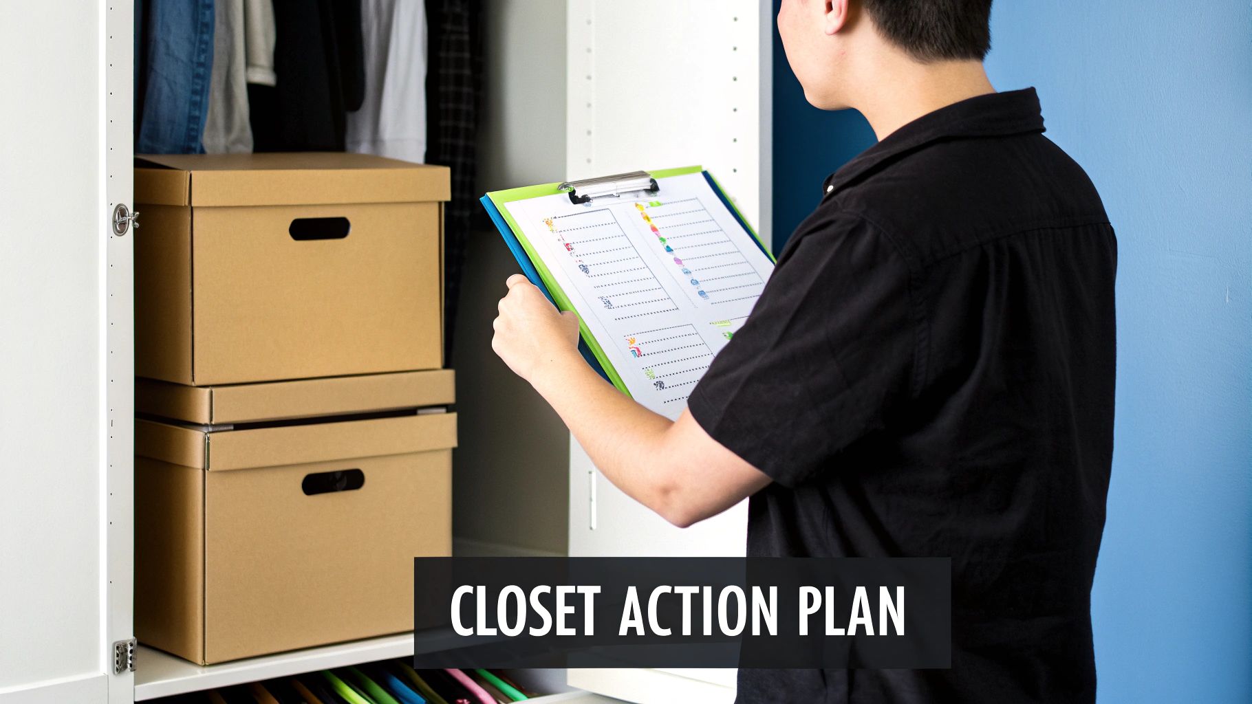 A woman happily sorting through her colorful wardrobe, holding up a top that matches her palette.