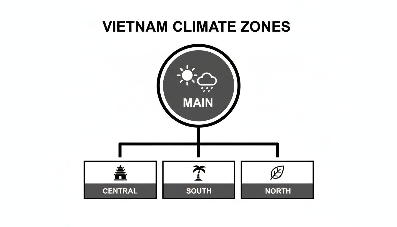 A diagram illustrating Vietnam's main climate zones, categorized into Central, South, and North regions.