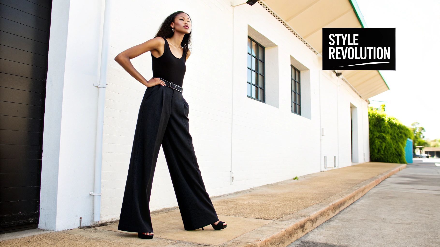 A woman wearing a stylish outfit with wide-leg pants walking down a city street.