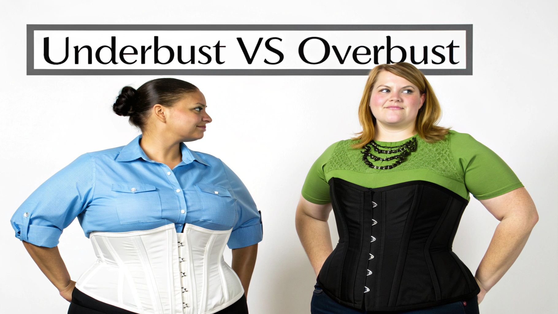 Two plus-size women showcase underbust and overbust corsets for different body shapes.