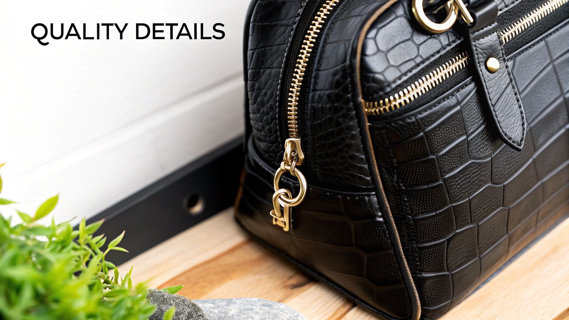 Close-up of a black crocodile-embossed leather bag with gleaming gold zippers and hardware.