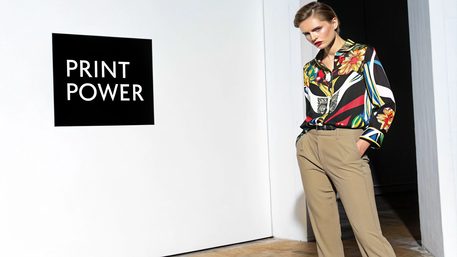 Stylish woman in a vibrant floral print shirt and tailored khaki pants poses next to a "PRINT POWER" sign.
