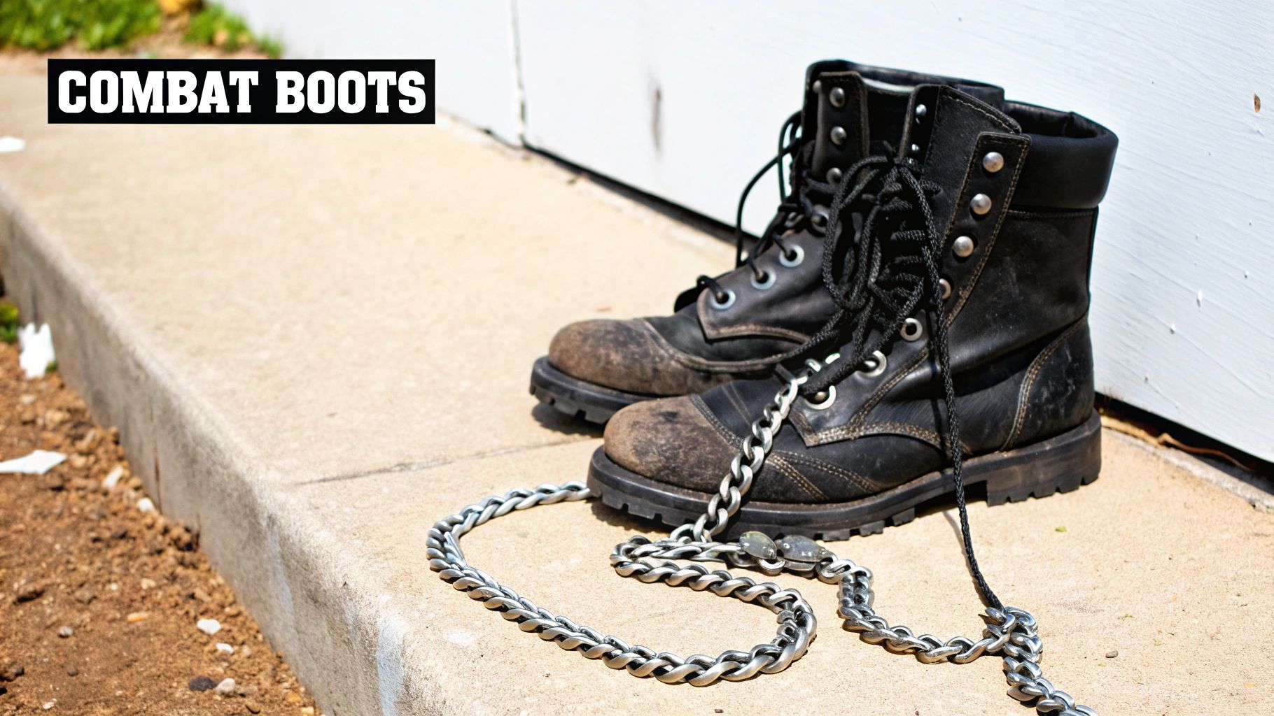 A close-up of a pair of worn black combat boots, chained together, resting on a concrete path.
