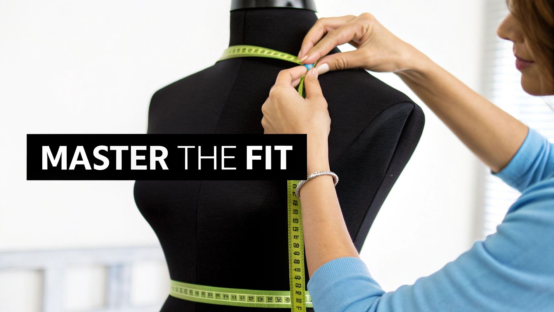 A person's hands measure a black mannequin's waist with a green tape measure, showing 'MASTER THE FIT' text.
