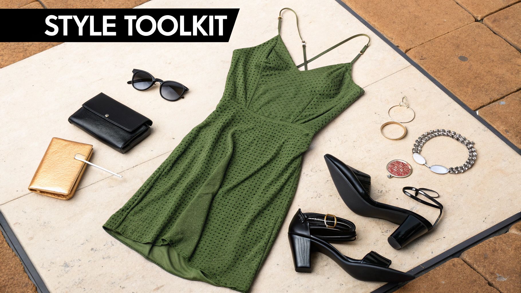 Overhead shot of a green mesh dress, black heels, sunglasses, wallets, and jewelry for a complete look.
