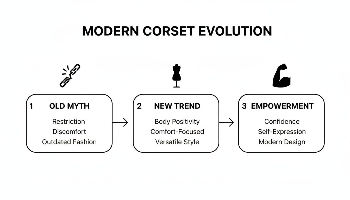 Diagram showing modern corset evolution: from old myths of restriction to new trends of body positivity and empowerment.