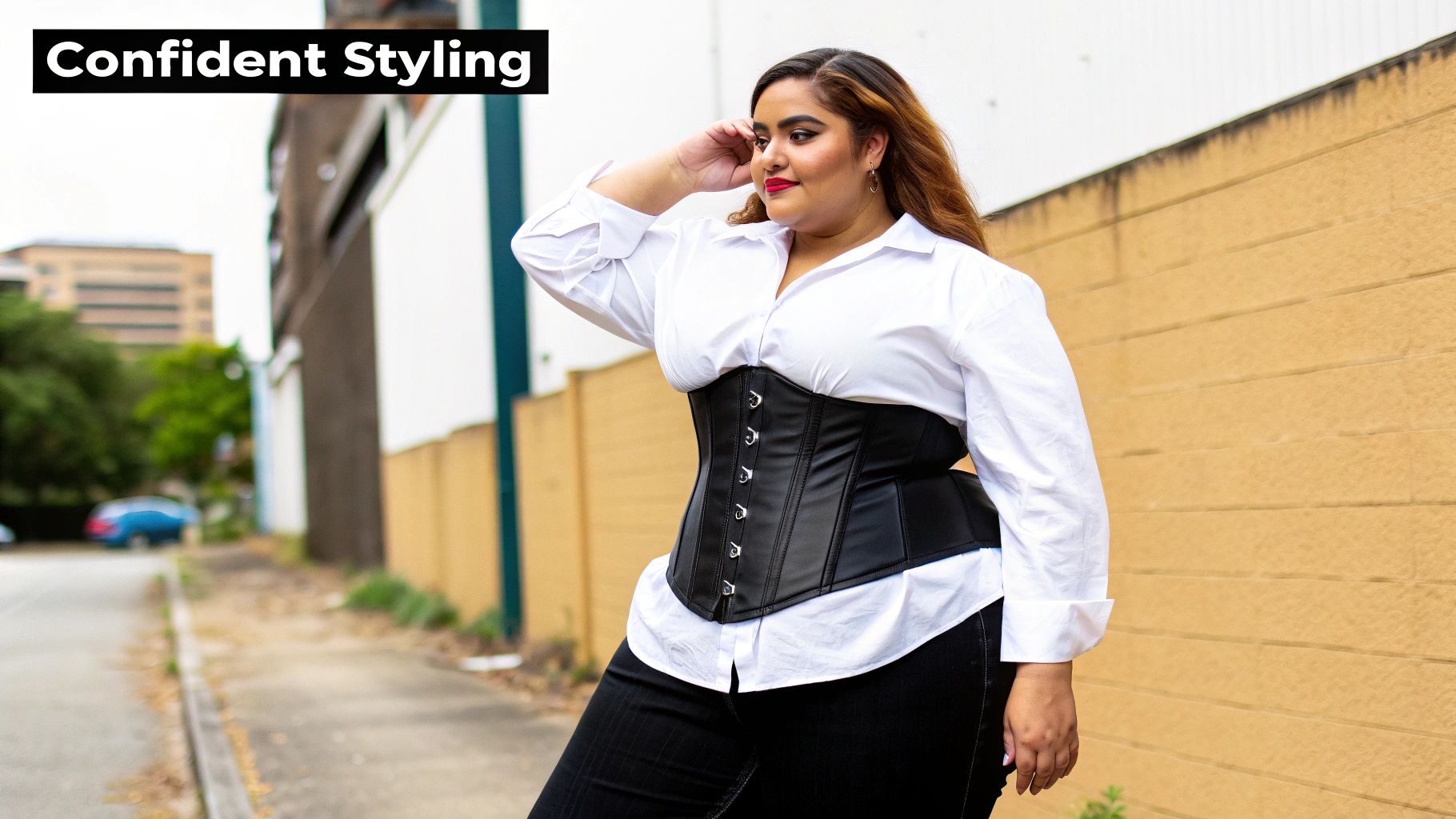 A confident plus-size woman in a white button-down shirt and black faux leather corset poses outdoors.