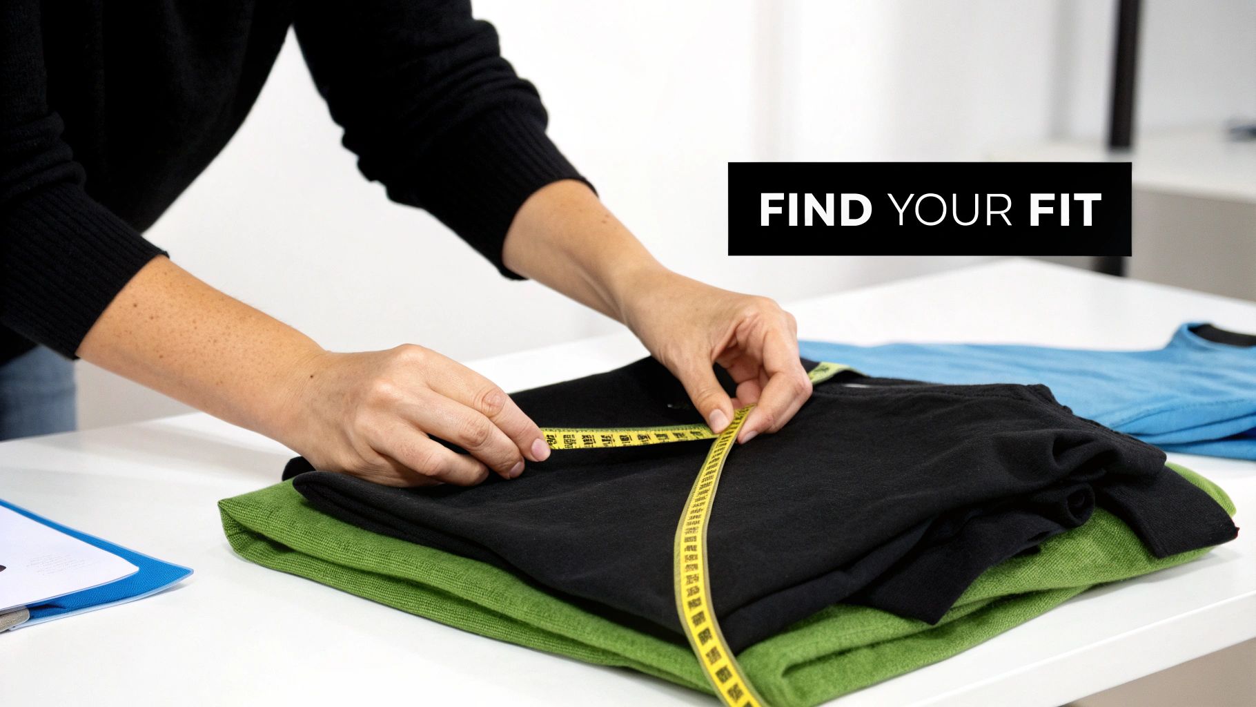 Close-up of hands measuring a black t-shirt with a yellow tape measure on a white table.