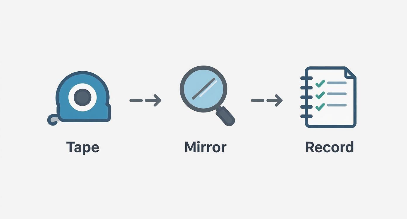 Three step process illustration showing tape measure, magnifying glass mirror, and checklist notebook for body measurements