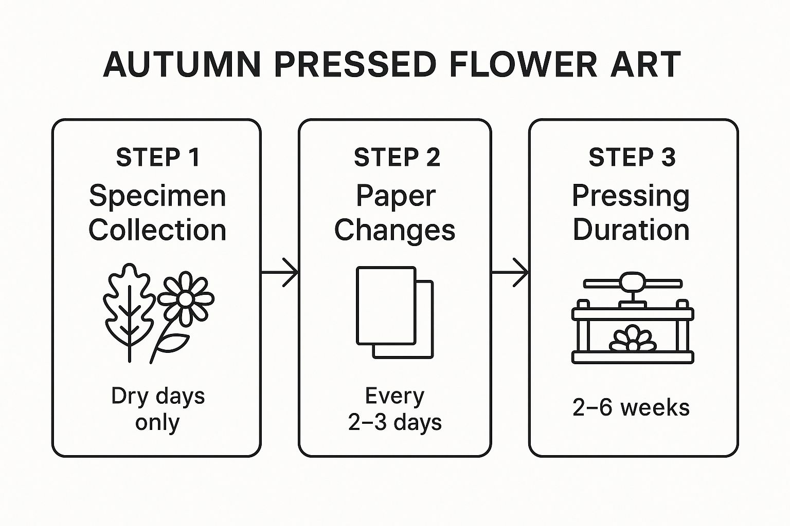 Infographic showing the three key steps for autumn pressed flower art: Step 1 'Specimen Collection' (Dry days only), Step 2 'Paper Changes' (Every 2–3 days), and Step 3 'Pressing Duration' (2–6 weeks).