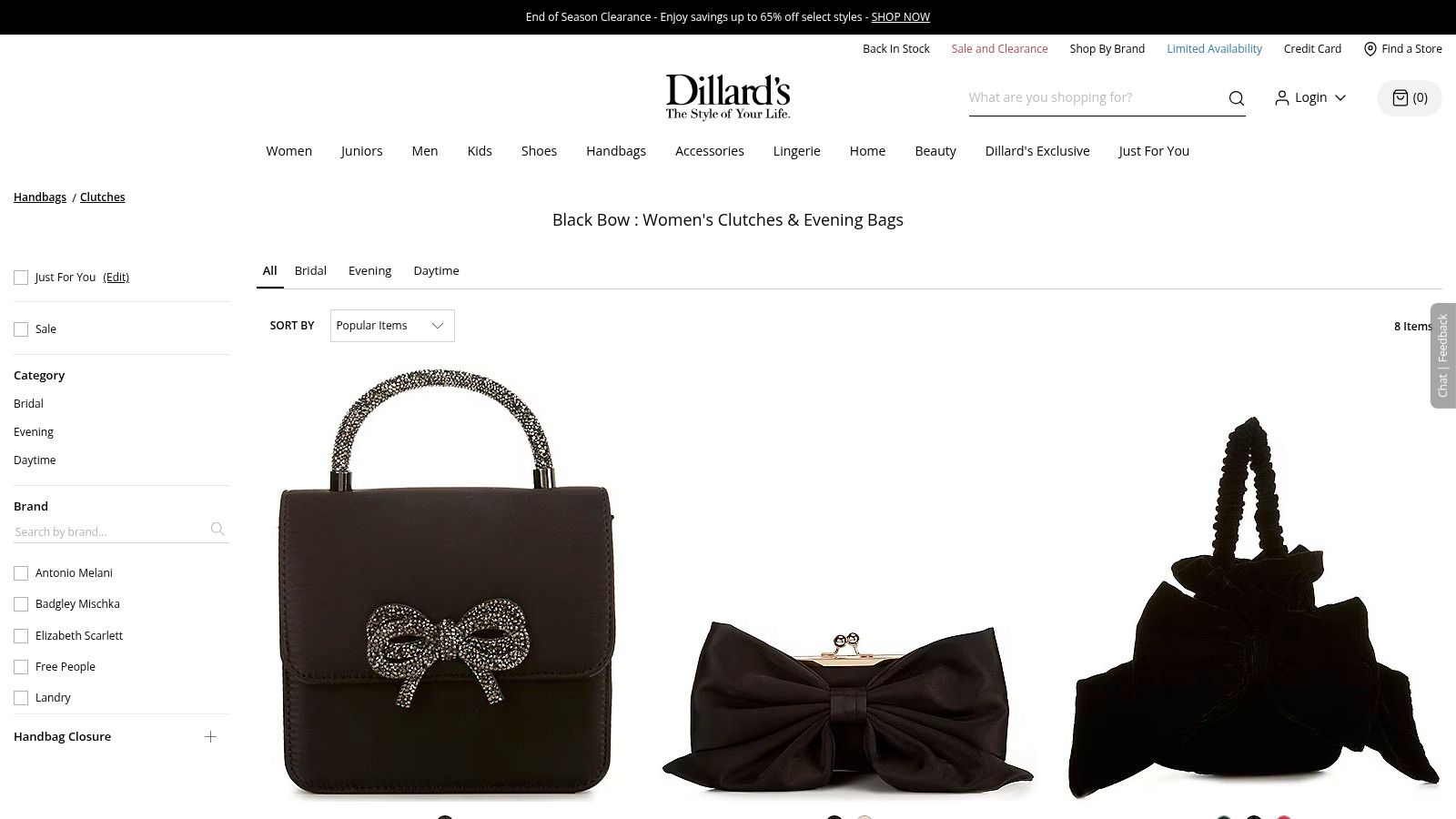 A collection of black bow purses and clutches on the Dillard's website