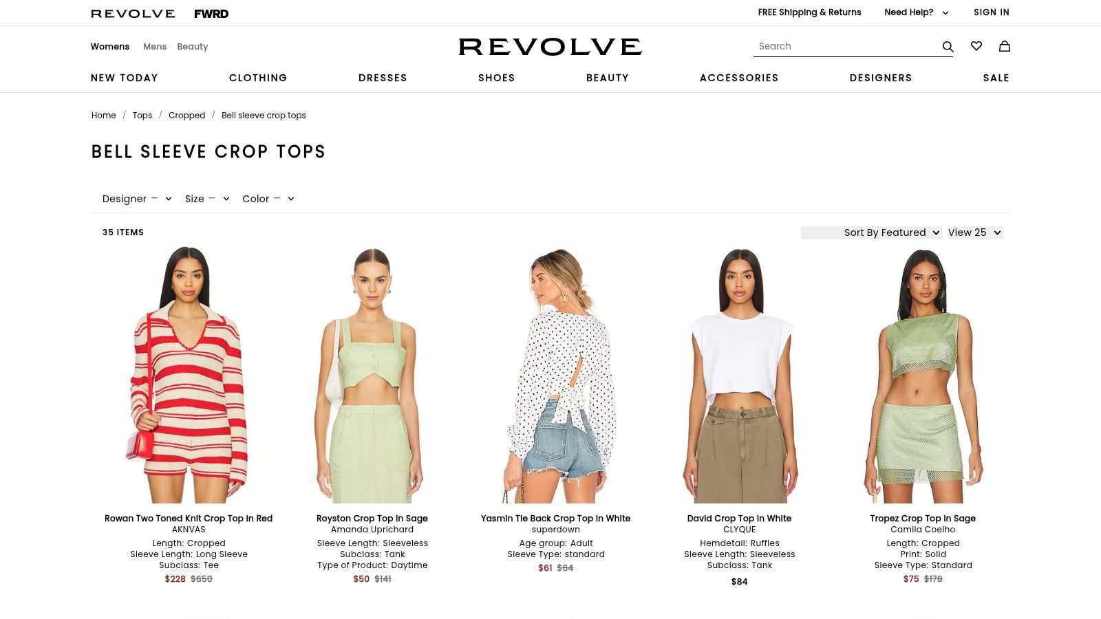 A clothing display featuring various stylish bell sleeve crop tops on hangers.