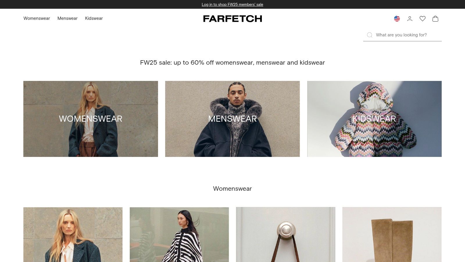A screenshot of the Farfetch homepage, showcasing a curated selection of fashion items and emphasizing its role as a global platform for luxury fashion.