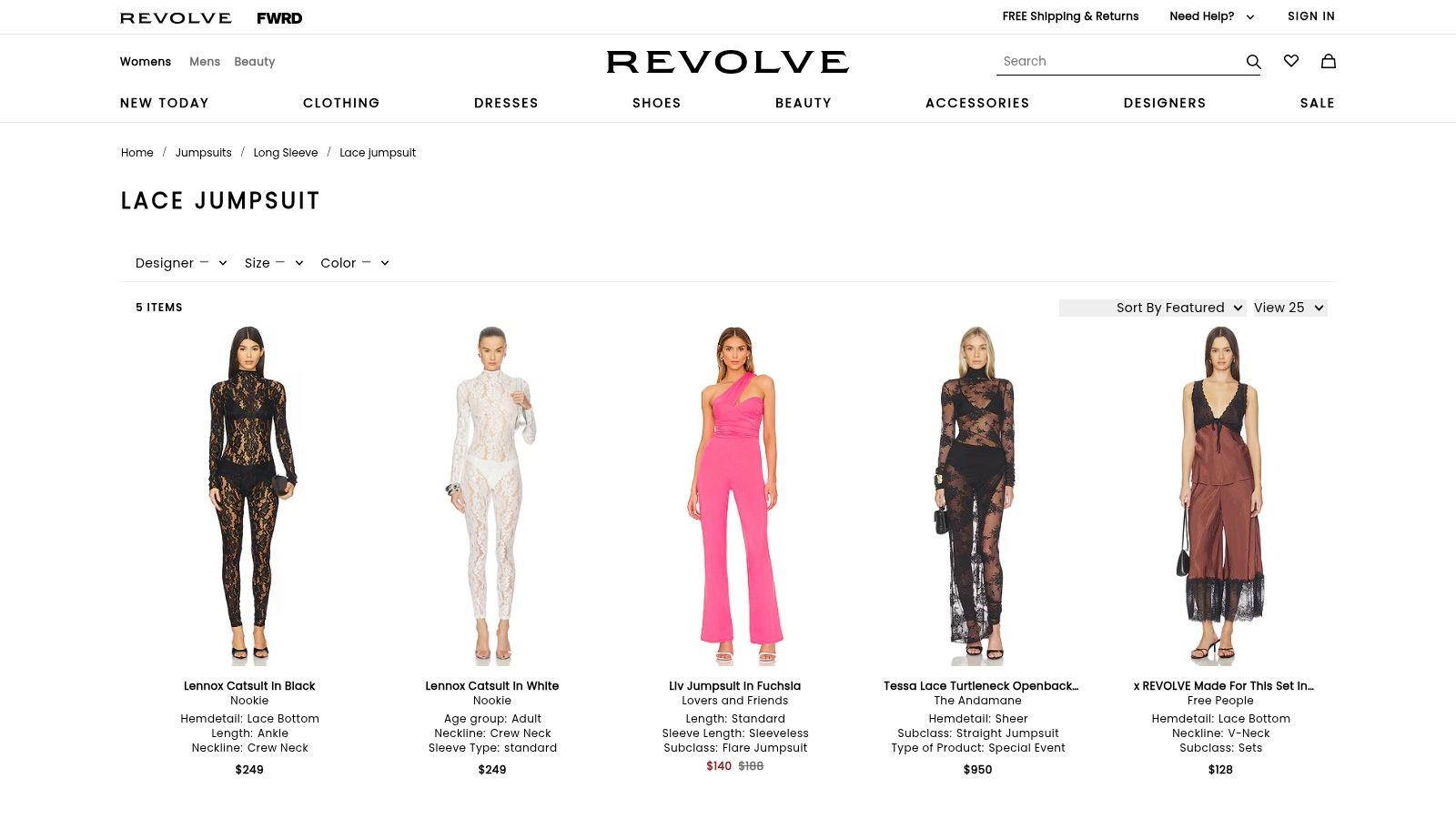 A woman wearing a white lace one-piece jumpsuit, posing stylishly in a modern interior, representing the chic and trendy options available on REVOLVE.