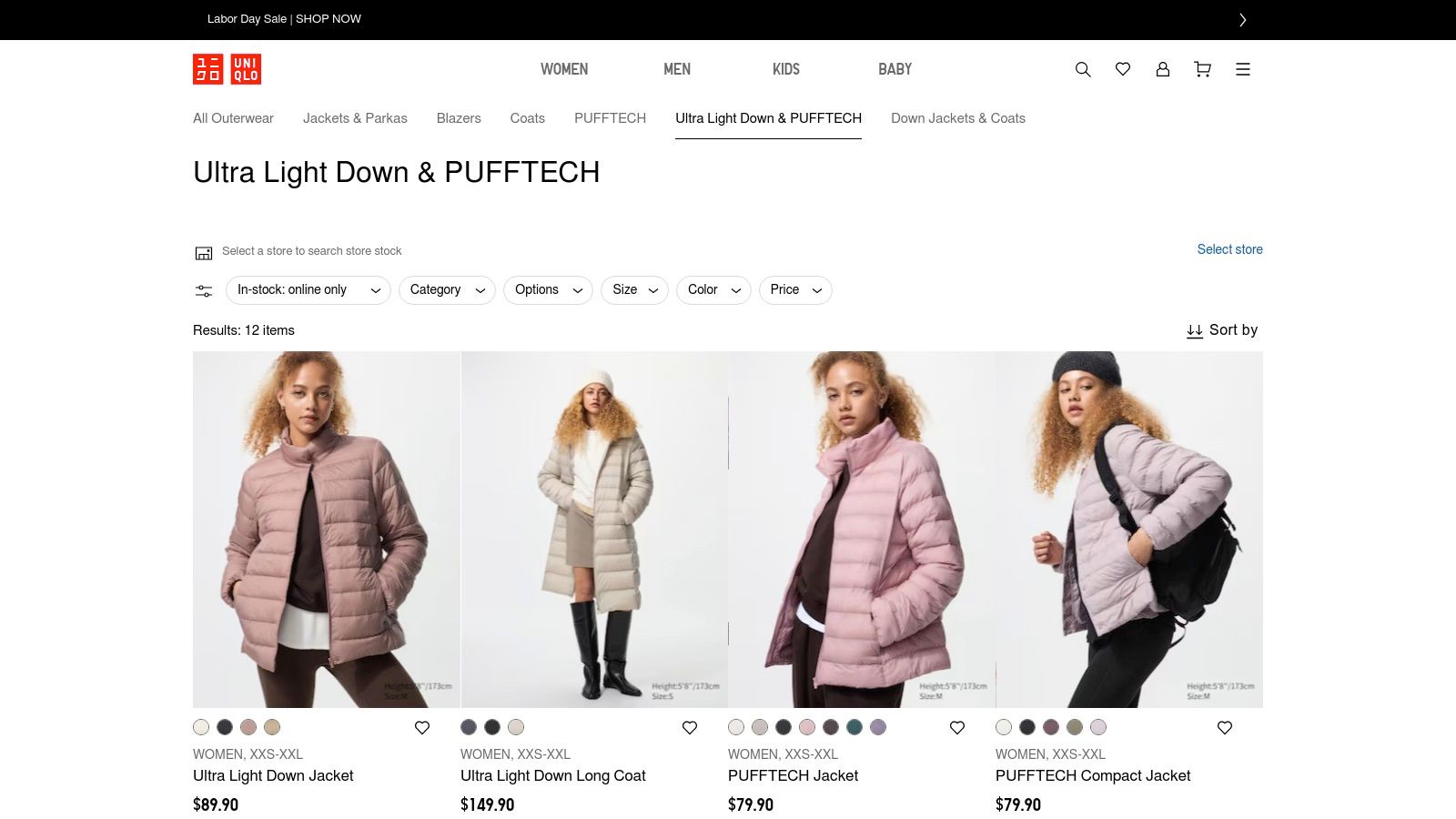 A screenshot of the UNIQLO website displaying their collection of puffer coats