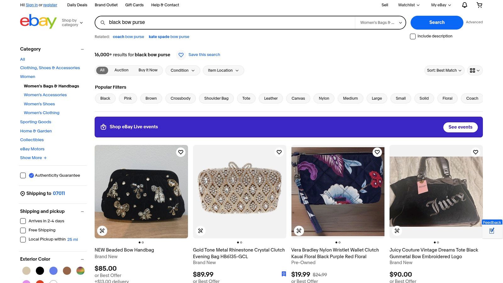 A screenshot of an eBay search results page for "black bow purse," showing various listings and prices.