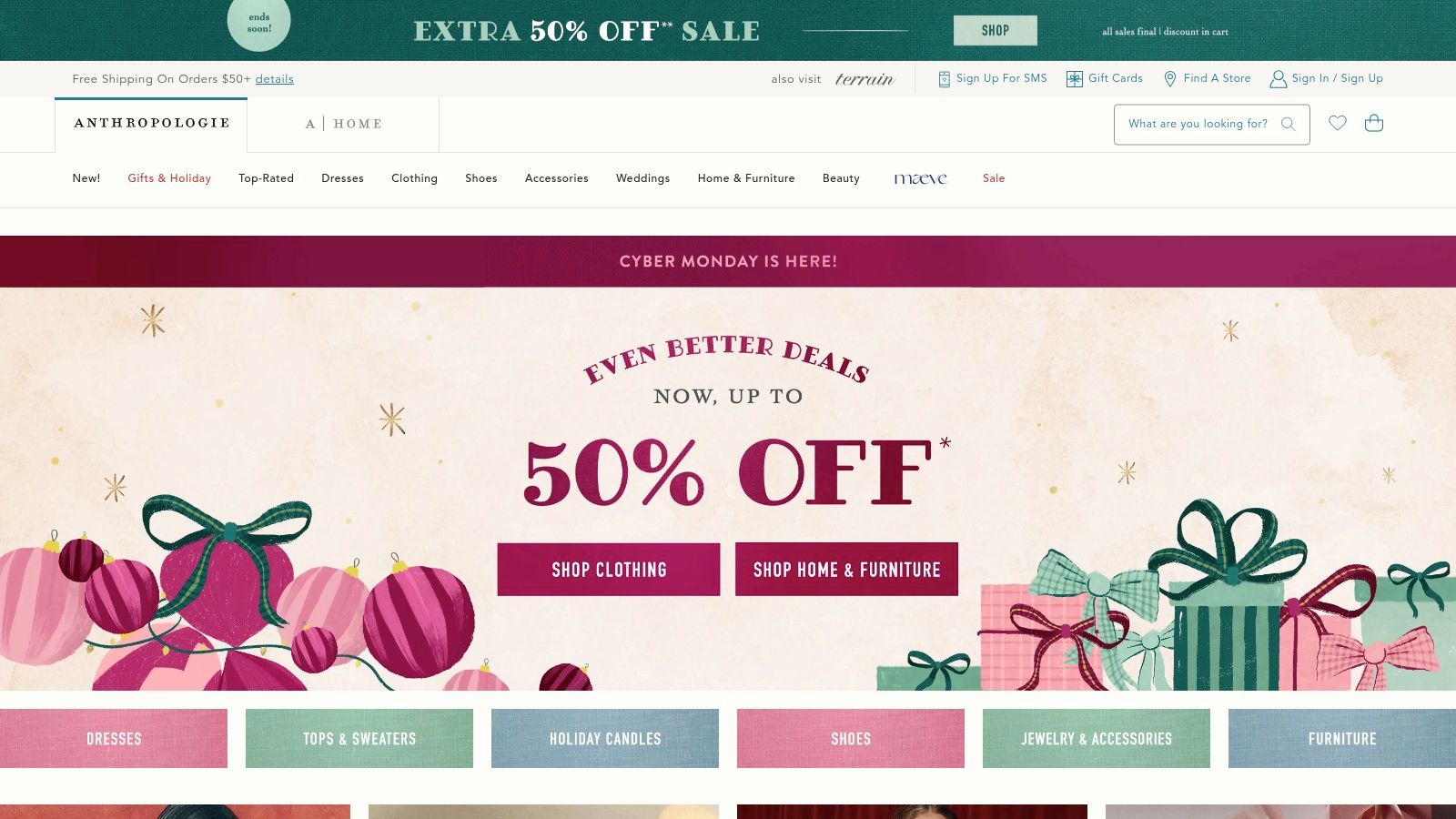 A woman wearing a vibrant floral tropical dress, showcasing Anthropologie's signature bold and artistic print style.