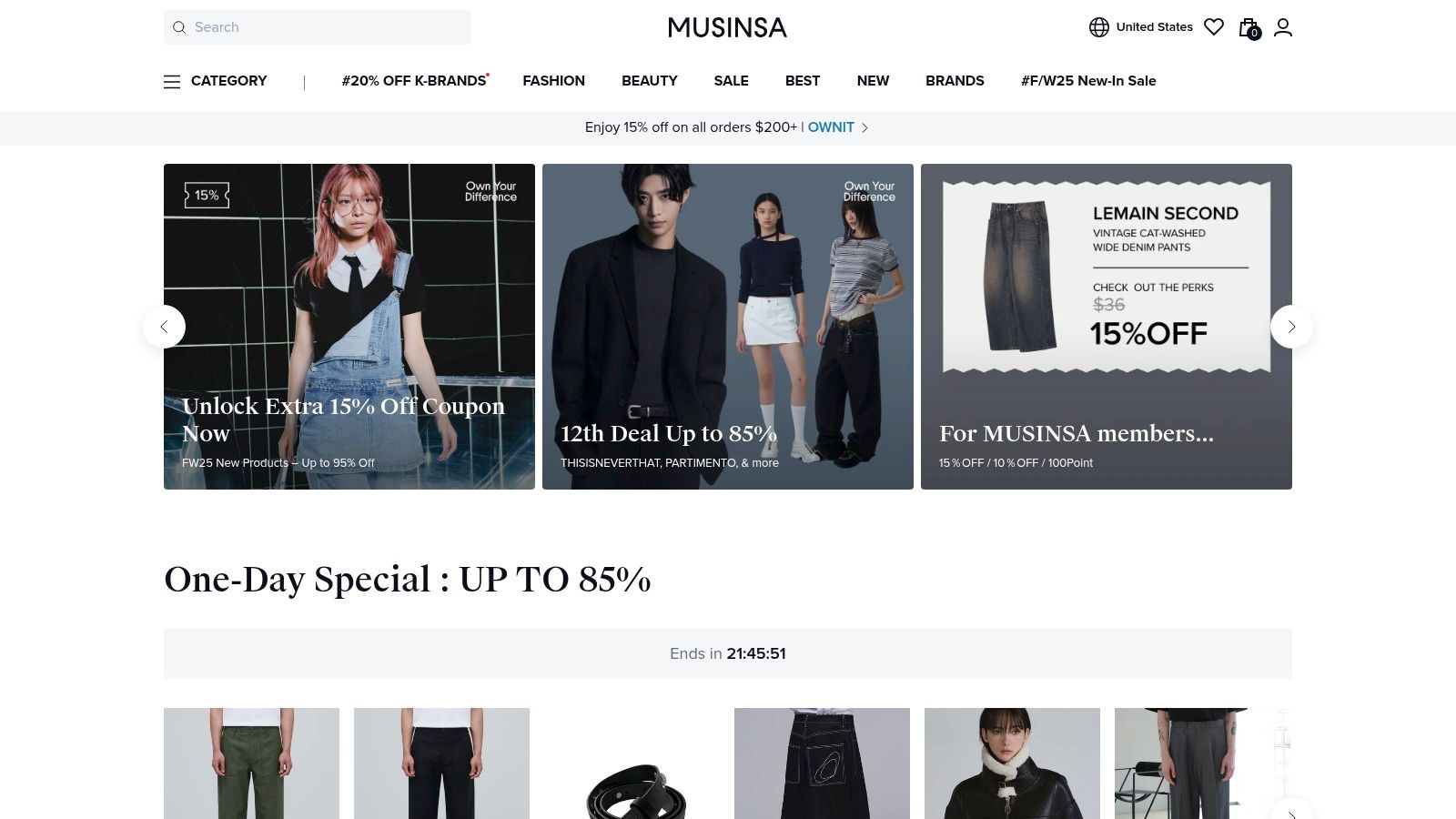 A screenshot of the MUSINSA website showcasing various clothing items and models.