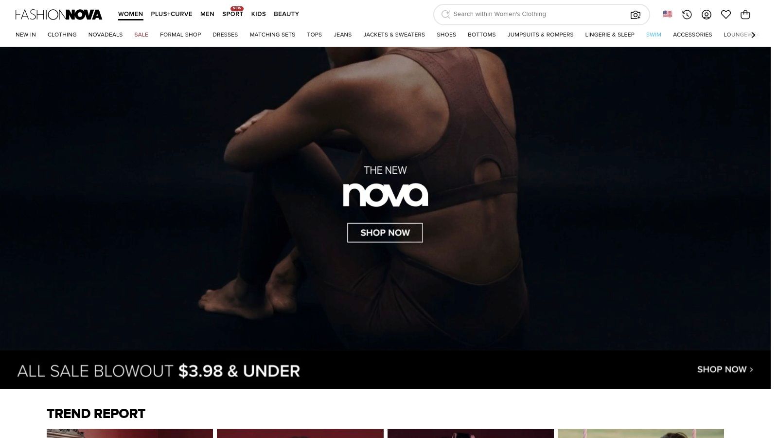 The Fashion Nova website homepage, showcasing a variety of trendy and affordable fashion items, including one-piece corsets.
