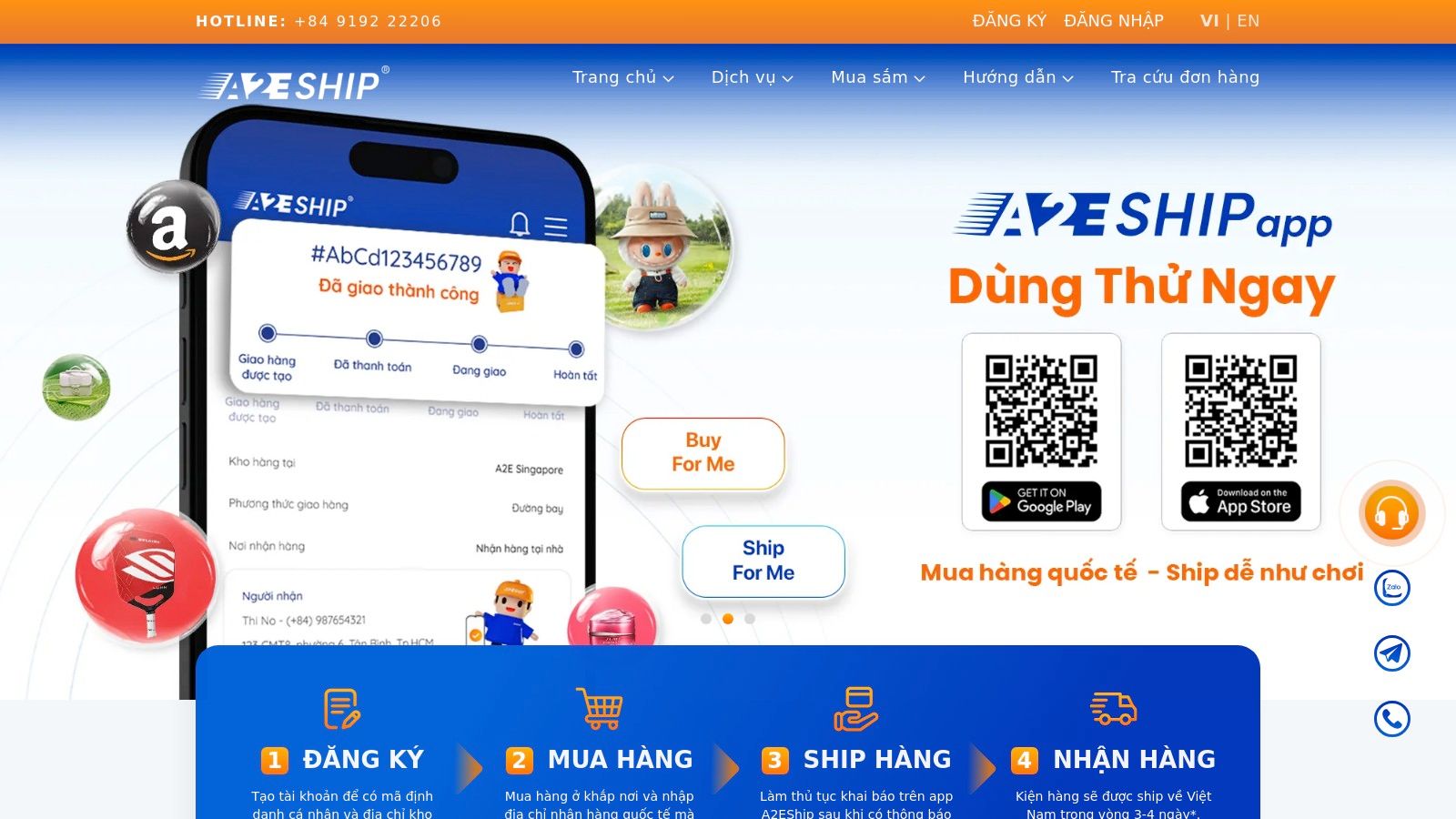 The A2EShip portal showing how it helps international buyers purchase and ship from Vietnam.