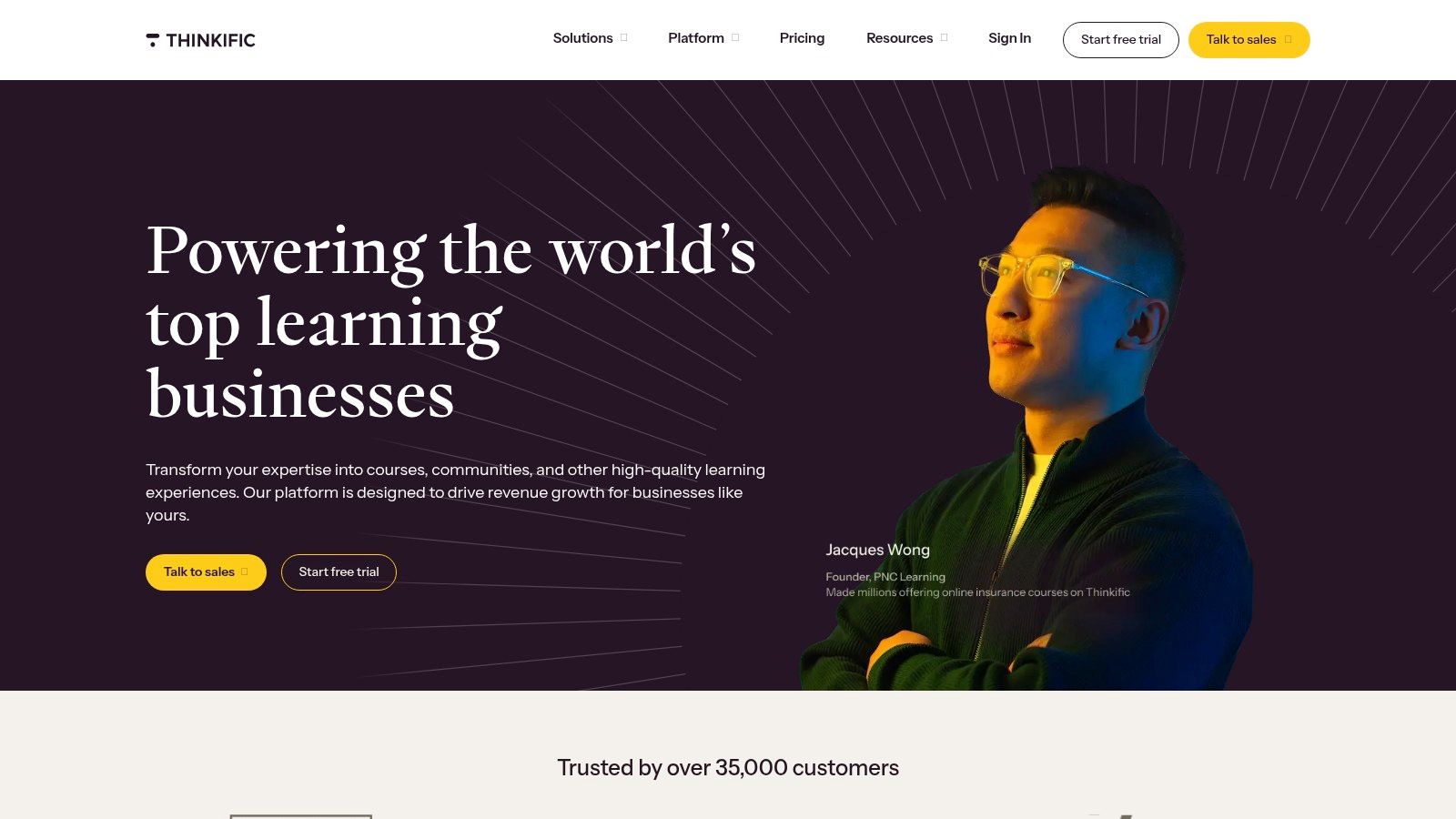 Thinkific online learning platform showing a course landing page