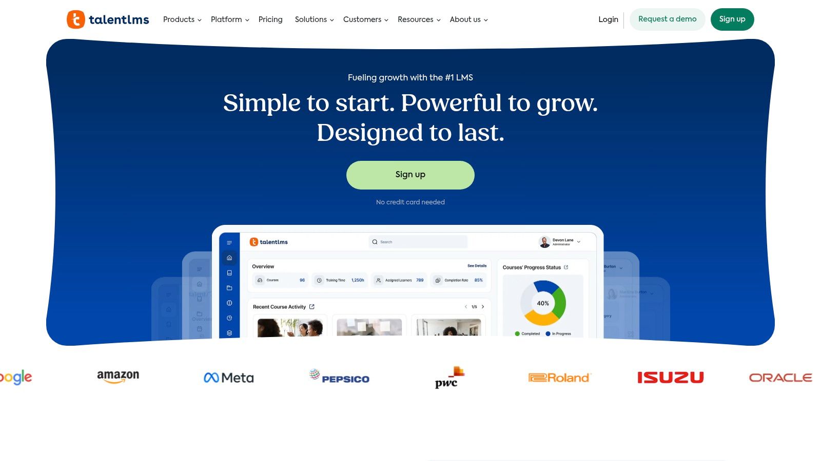 TalentLMS dashboard showing course progress and user activity