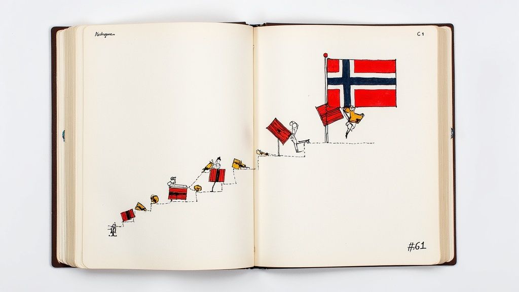 En student sitter fokusert med en bok foran seg, mens et norsk flagg er synlig i bakgrunnen.