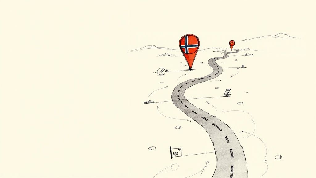 En person holder et norsk pass foran et vakkert norsk fjordlandskap, som symboliserer målet med statsborgerskapsprosessen