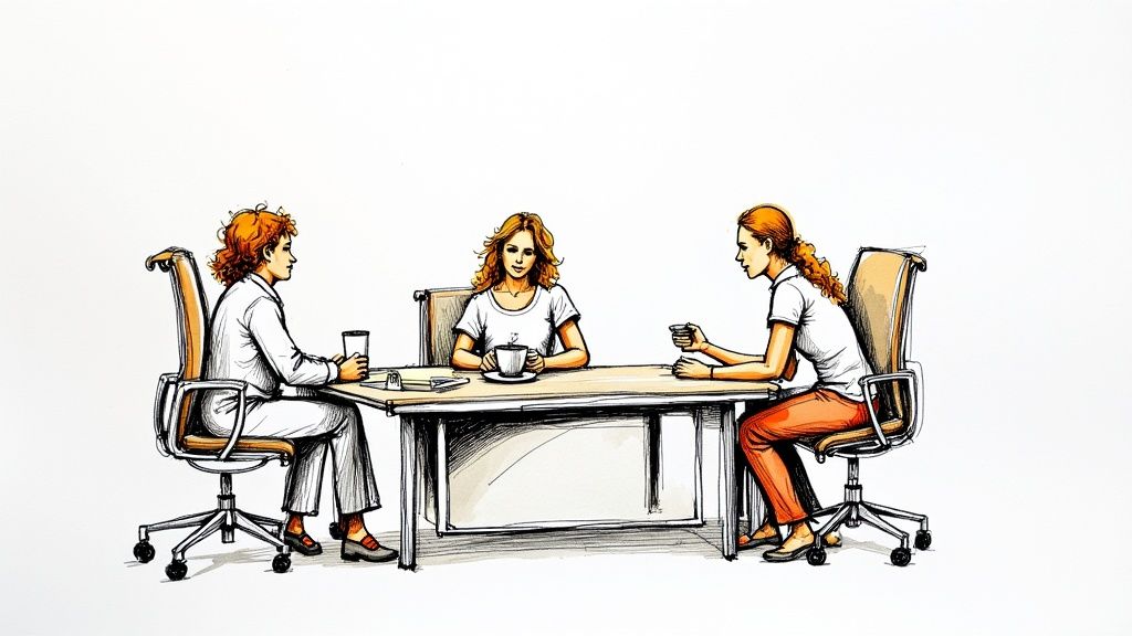 Gruppe med kolleger som samarbeider rundt et bord på et moderne kontor.