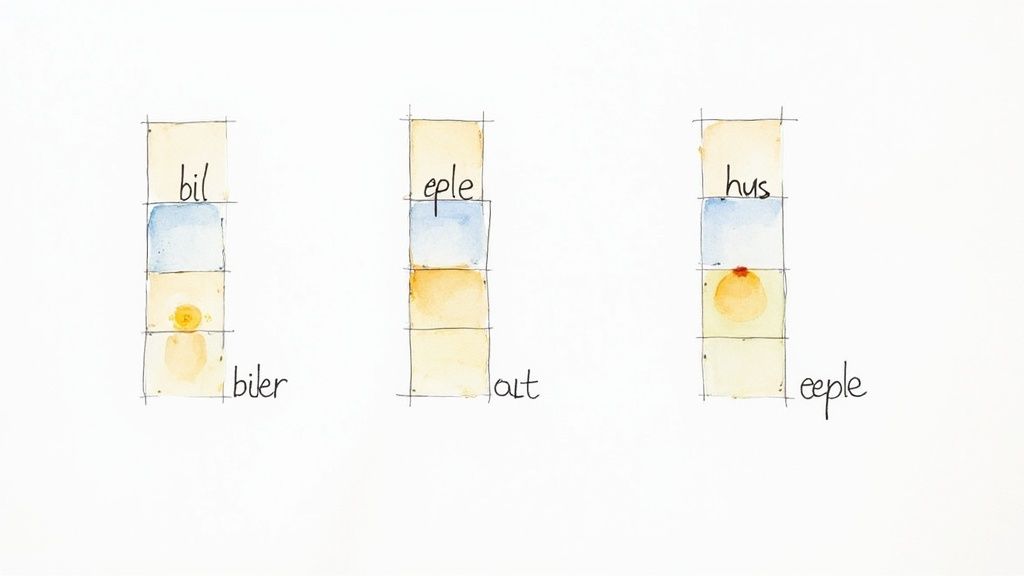 To terninger som ligger på en treoverflate, den ene viser tallet én, den andre viser tallet seks, for å illustrere overgangen fra entall til flertall.