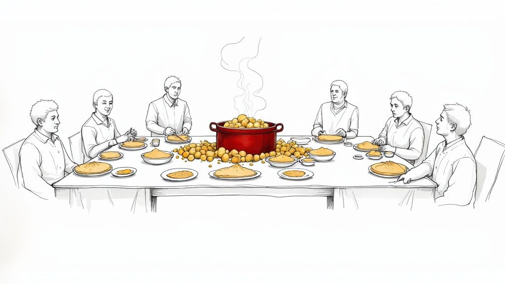 En rustikk borddekking med fårikål servert i en stor gryte, omgitt av poteter, flatbrød og tyttebærsyltetøy.