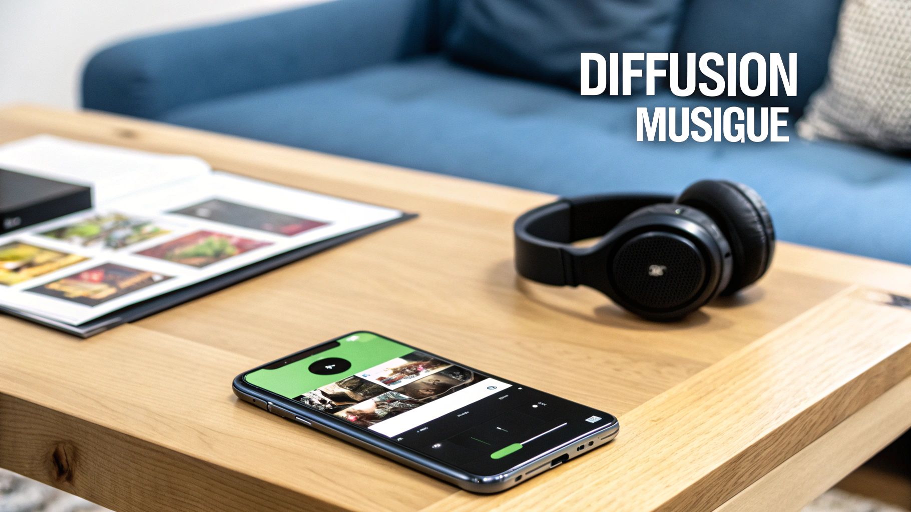 Eine Person hält ein Smartphone mit einer Musik-App in der Hand und trägt Kopfhörer um den Hals, die die Verbreitung ihrer Kreation symbolisieren.