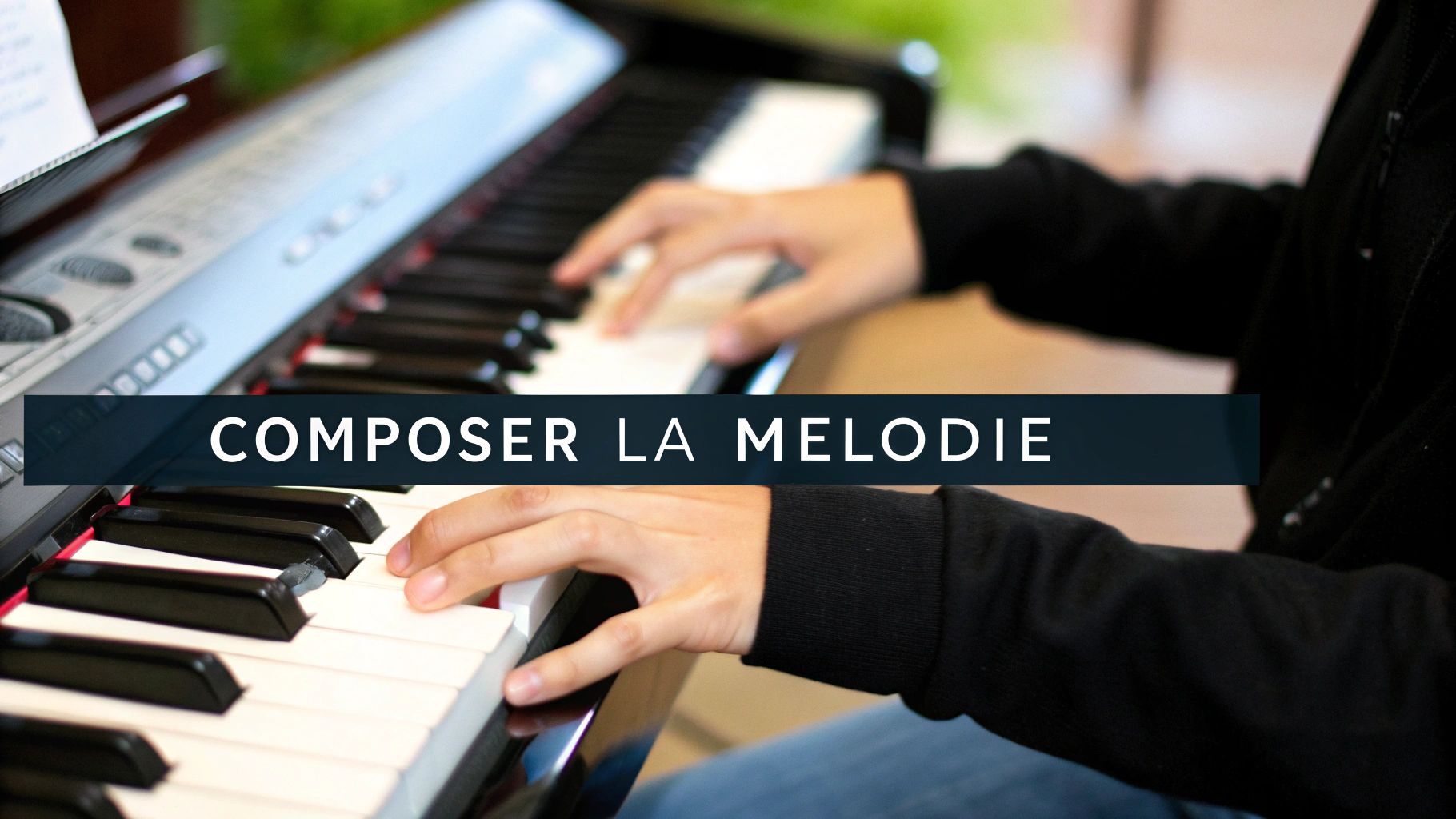 Musiker spielt Keyboard und schreibt dabei Musiknoten.