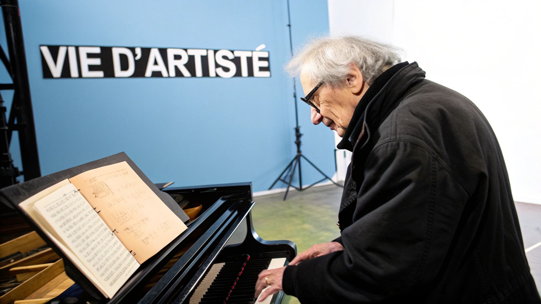 Un homme âgé aux cheveux blancs joue du piano noir avec une partition, sous l'inscription "VIE D'ARTISTE".