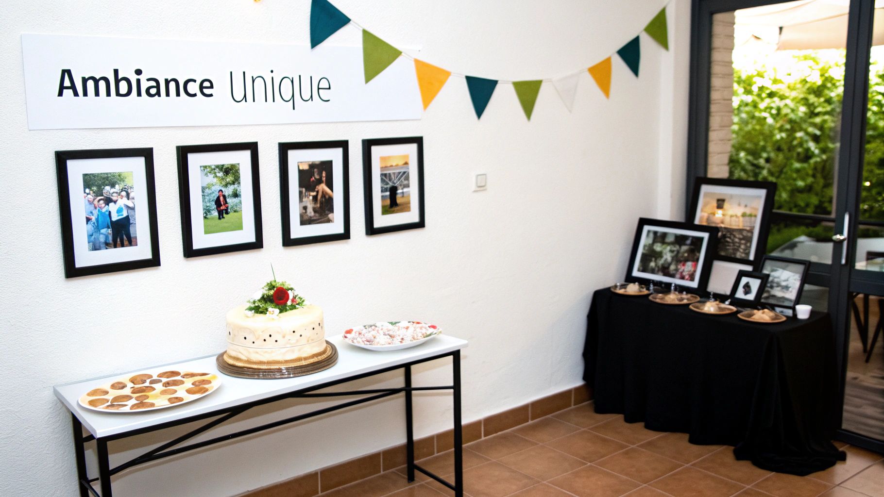 Décoration d'anniversaire surprise avec gâteau, photos encadrées et guirlande colorée sur mur blanc