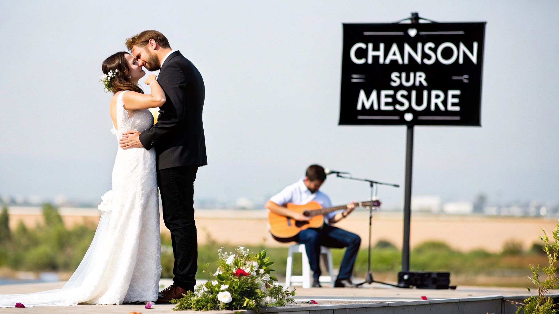 Un couple de jeunes mariés s'embrassant sur scène, avec un musicien et un panneau 'CHANSON SUR MESURE' en arrière-plan.