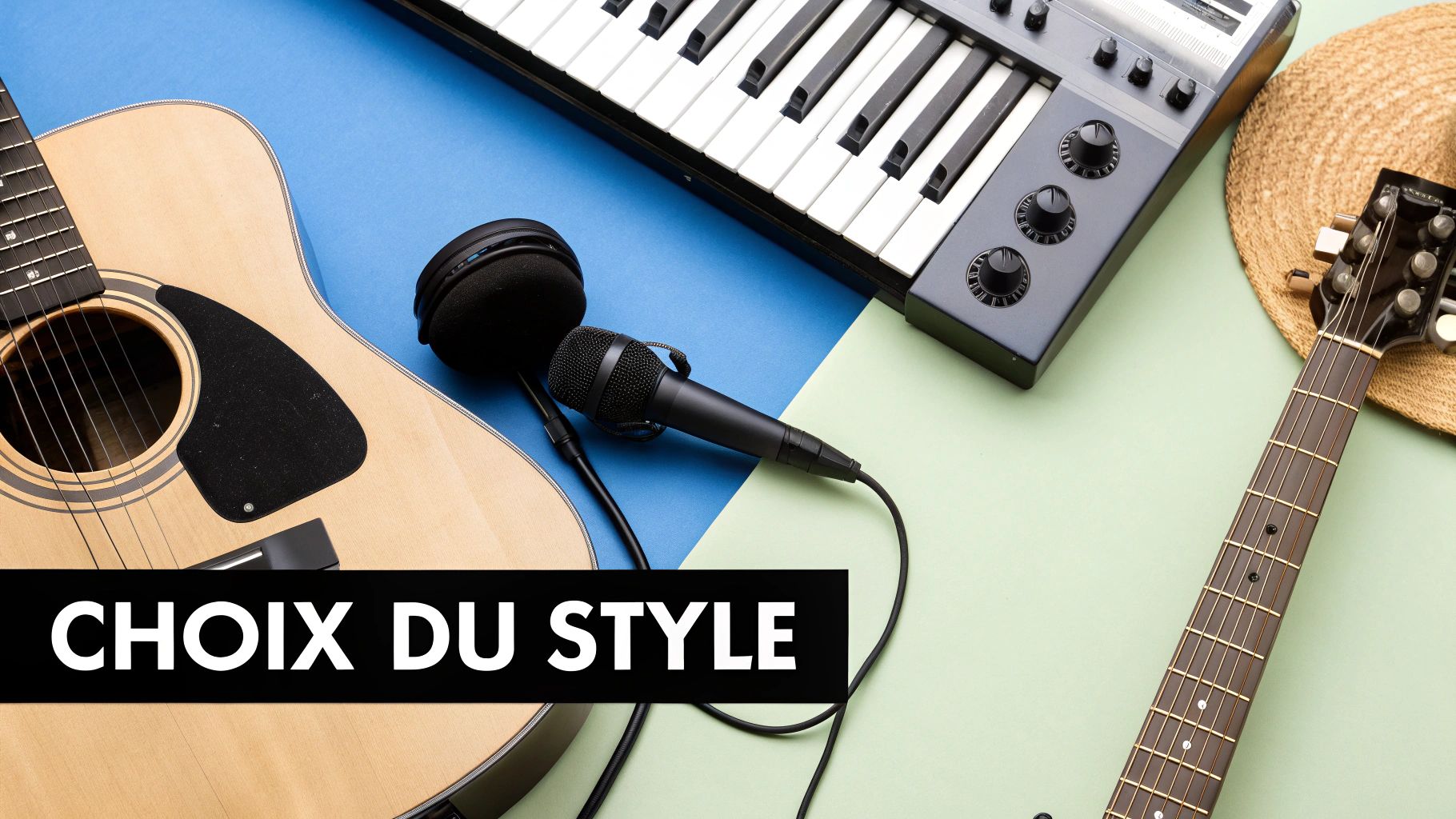 Eine Auswahl an Musikinstrumenten, darunter Gitarren und Keyboards, in einem beleuchteten Studio.