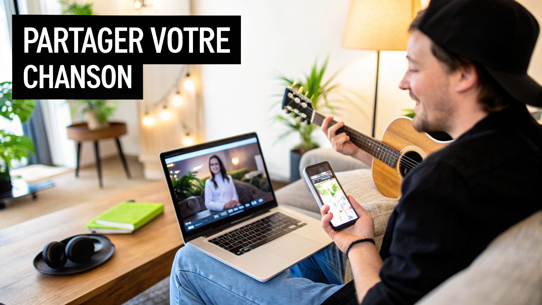 Person, die über Fragen zum Musizieren nachdenkt und mit einer Gitarre sitzt.