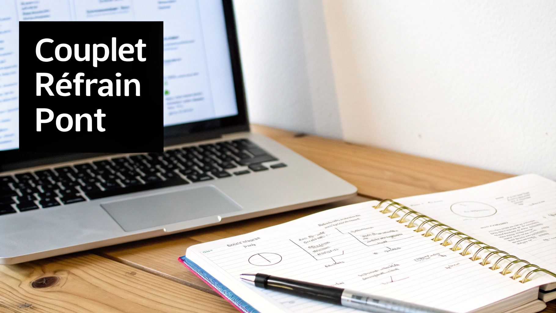 Un bureau avec un ordinateur portable, un carnet de notes et un stylo, superposé par le texte «Couplet Réfrain Pont».