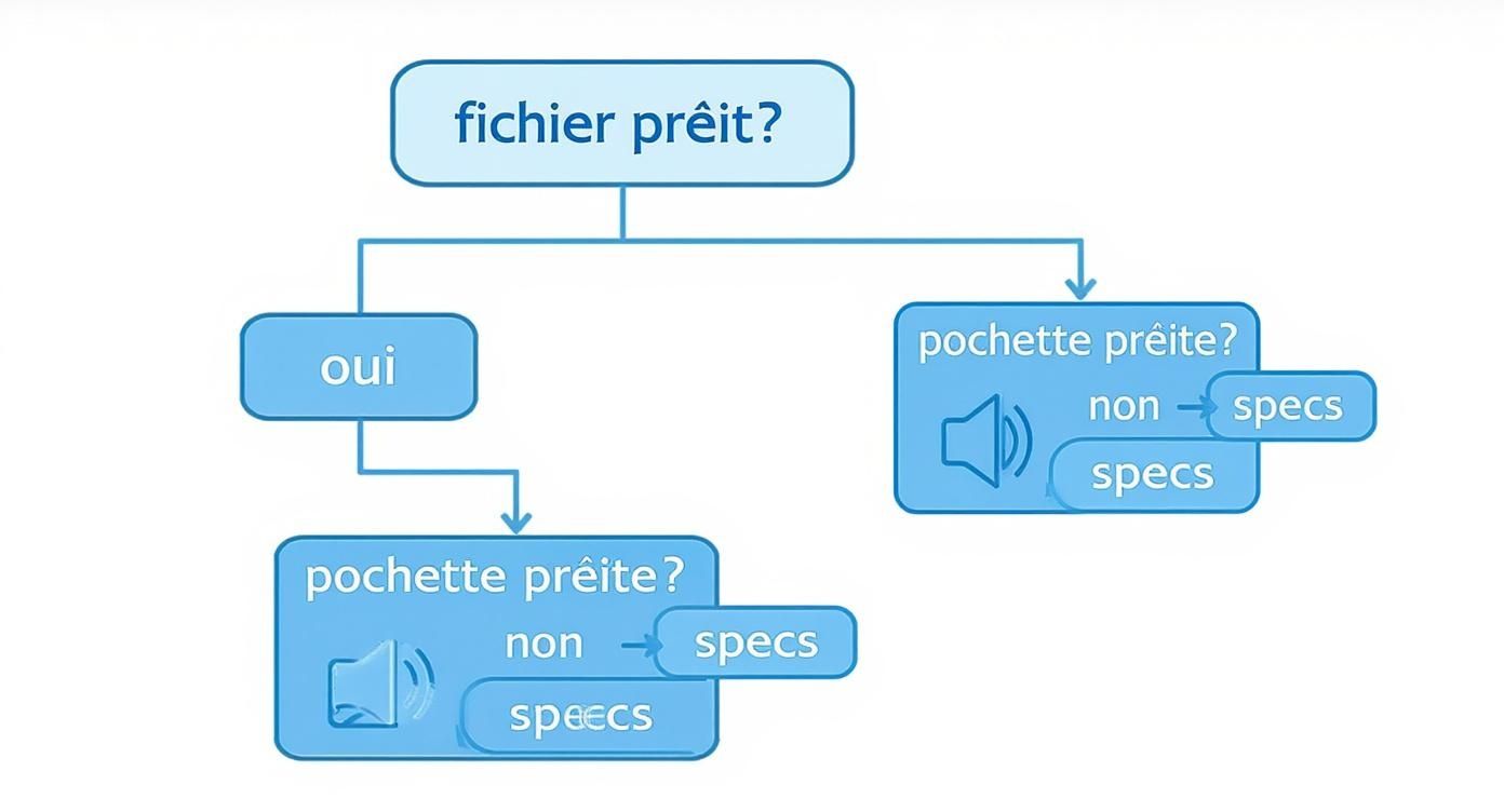 Infographie en arbre de décision montrant les prérequis pour la distribution musicale, comme avoir ses fichiers audio et sa pochette prêts.