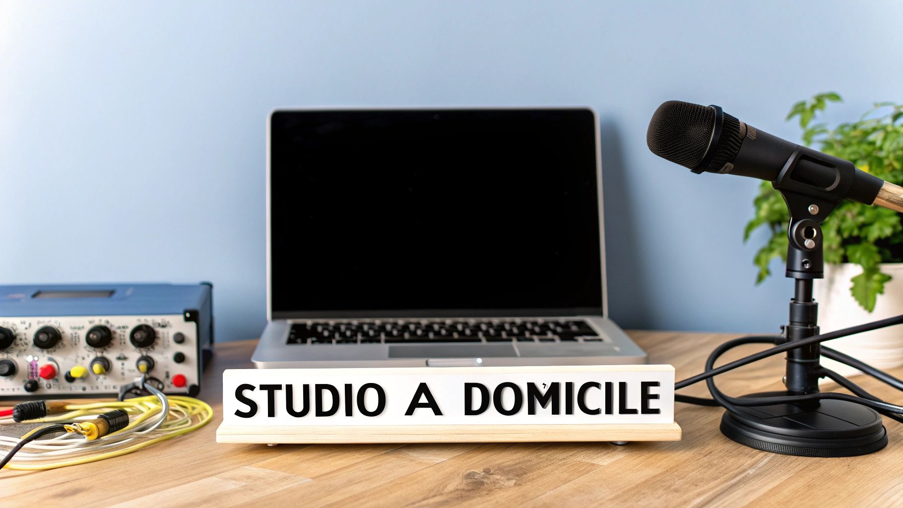 Eine Person, die in einem gut ausgestatteten Heimstudio an einem Computer mit MIDI-Keyboard und Mikrofon arbeitet.