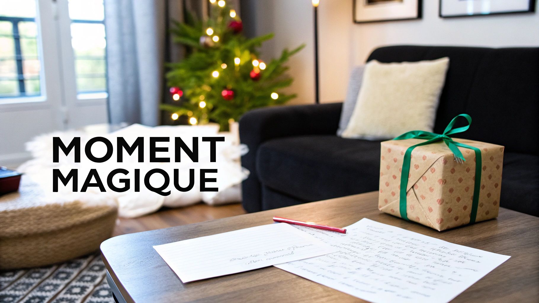 Cadeau emballé avec ruban vert, lettre manuscrite et sapin de Noël illuminé dans salon chaleureux