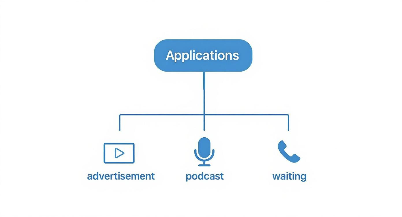 Infographie représentant un arbre de décision pour choisir entre musique de stock et sur mesure pour une publicité, un podcast ou une attente téléphonique.