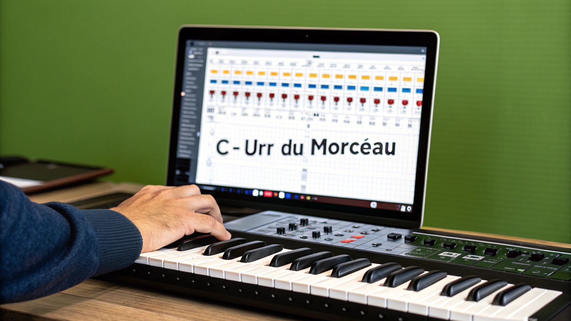 Ein Digitalpiano und ein Laptop mit Musiksoftware, die den Aufbau von Akkorden und Melodien symbolisieren.