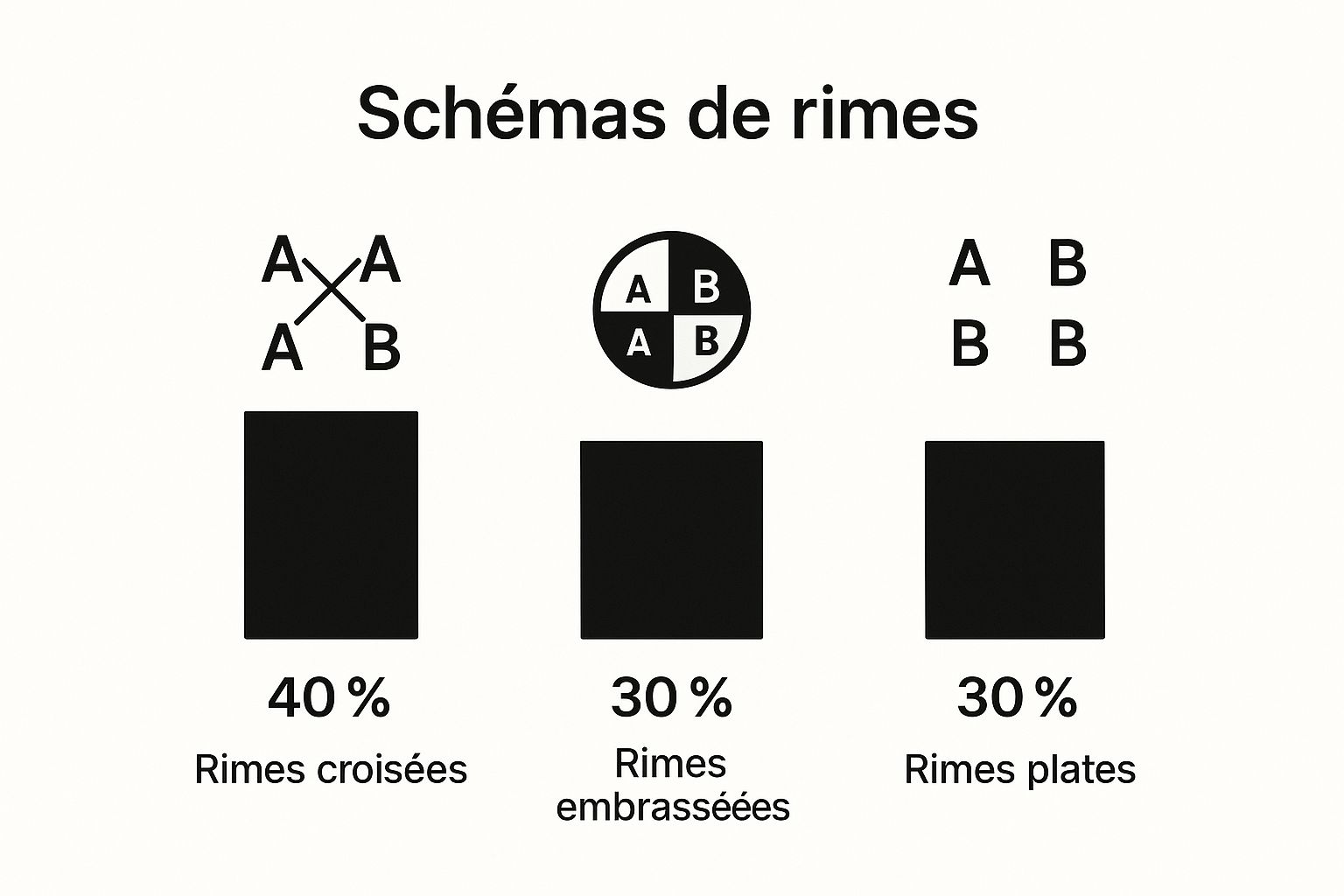 Eine Vergleichstabelle mit drei beliebten Reimschemata: Kreuzreime (40 %), Kussreime (30 %) und Flachreime (30 %).